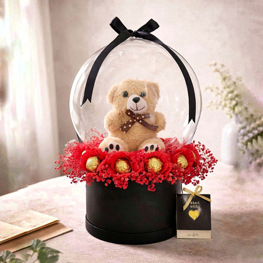 Valentine's Day - Red Blooms with Teddy Bear Balloon